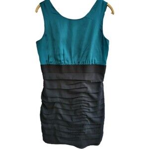 Express Teal & Black Party Cocktail Mini Dress Satin Bodice Tiered Ruffle Sz 10